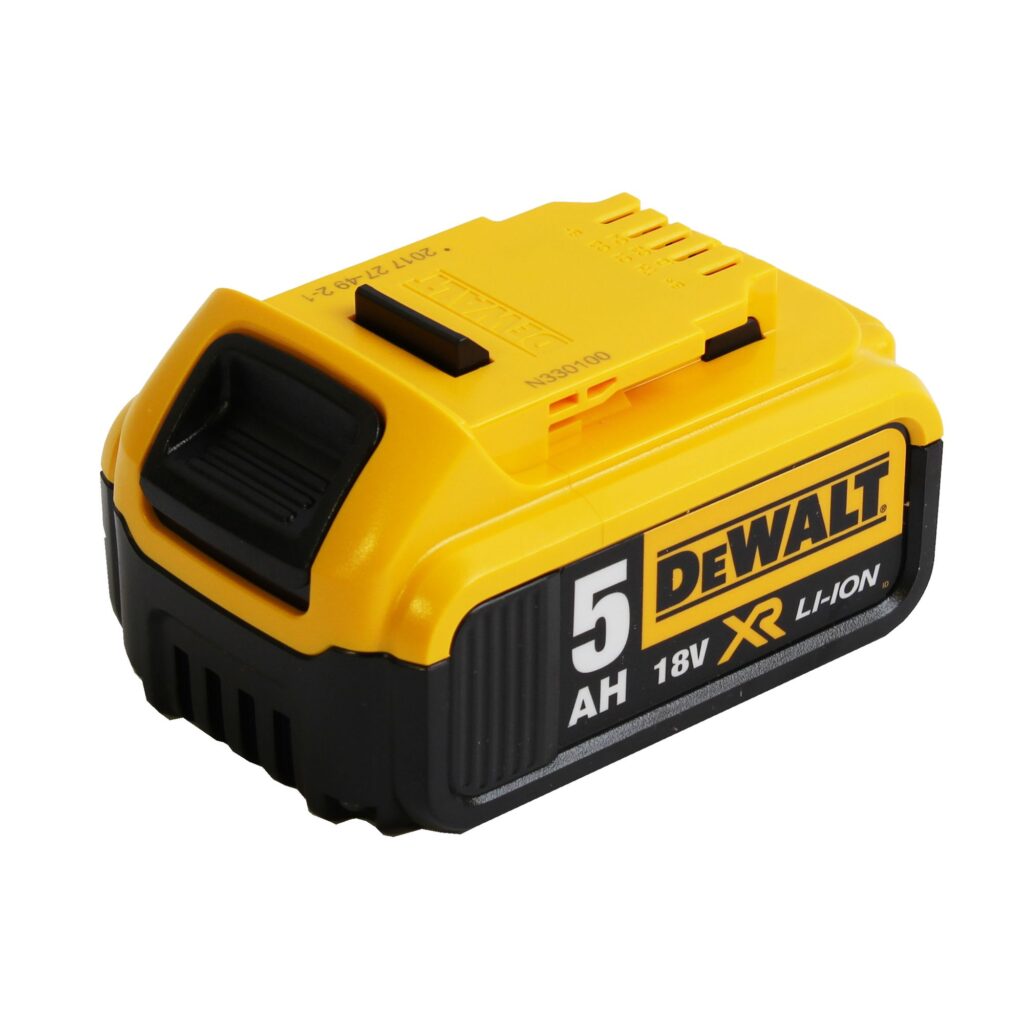 DeWalt DCB184-XJ 18V XR 5.0Ah lithium-ion slide battery pack in yellow and black