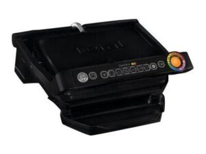 Tefal OptiGrill GC7058 black contact grill with closed lid and control panel